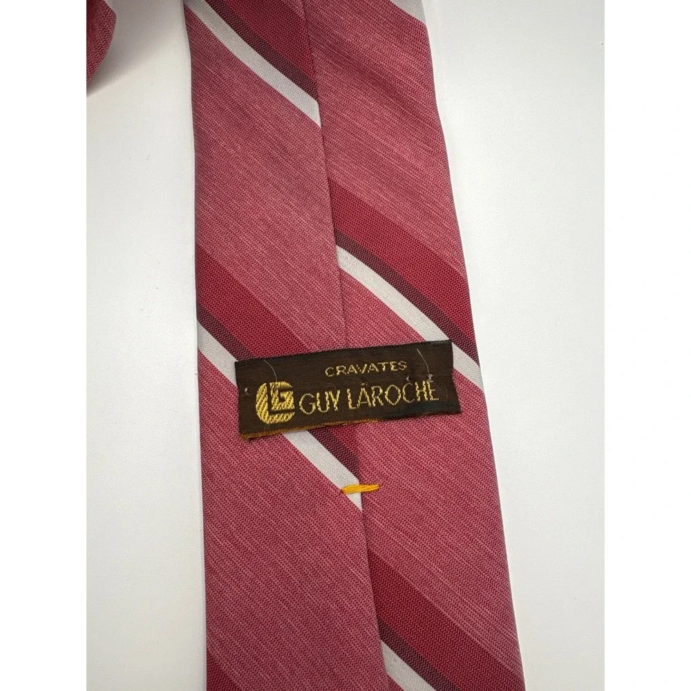 Guy Laroche Mens Silk Tie Burgundy Grey White Diagonal Stripe Designer Necktie